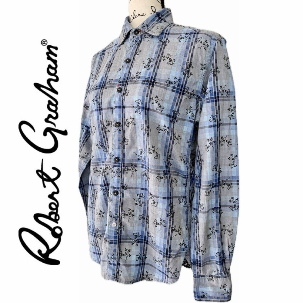 Robert Graham Tailored Fit Blue Grey Plaid Floral Cotton Button Down Shirt Small